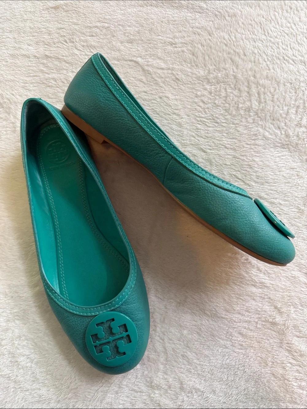 Tory Burch Turquoise Teal Leather Logo Ballet Flats Size 8